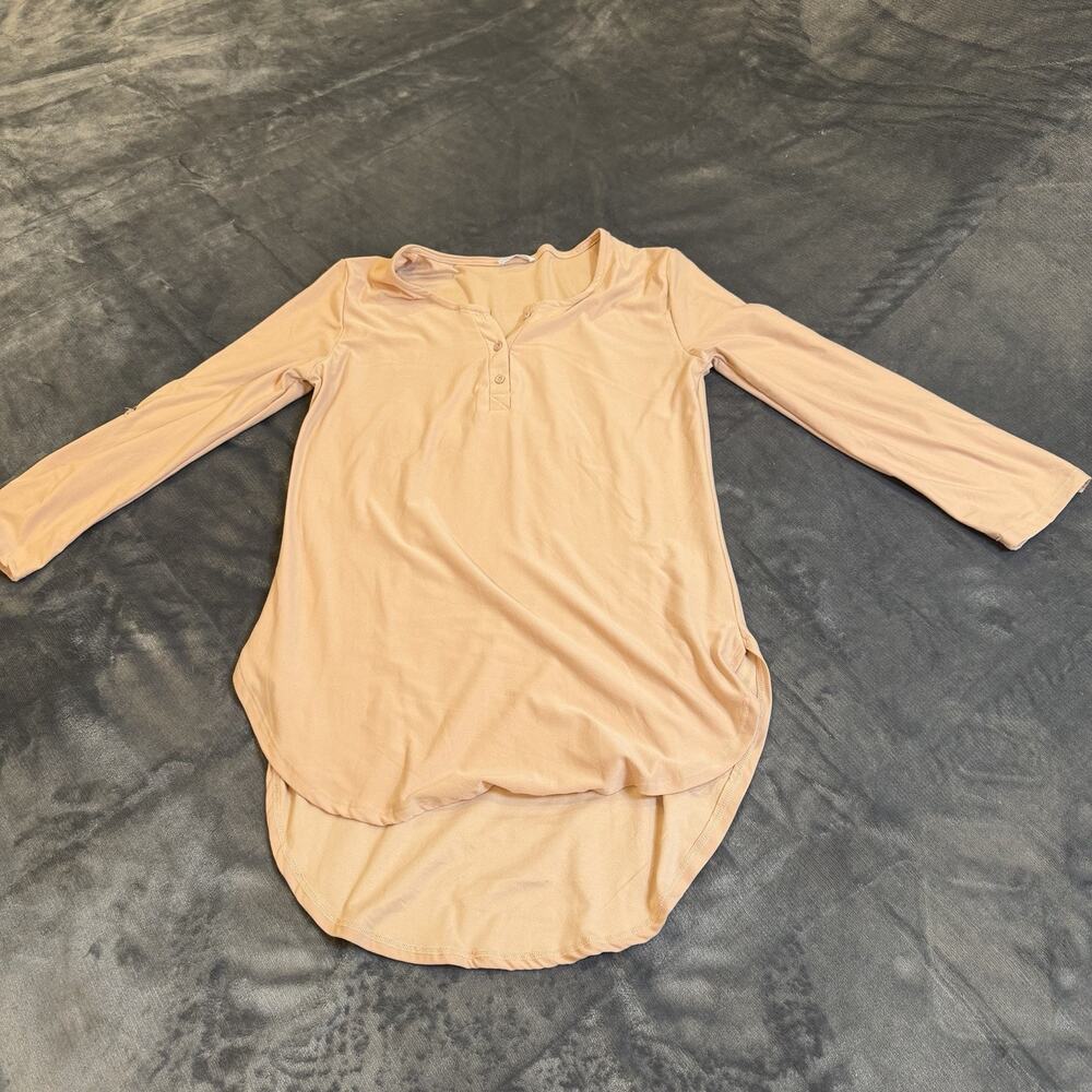 Ardene Peachy Orange Long Sleeve Henley Tunic Top High Low Curved Hem Sz S Retro